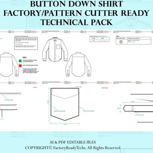 Puede incluir: Dibujo técnico de un patrón de camisa de botones para una fábrica. El dibujo incluye vistas frontal y posterior de la camisa, así como detalles del cuello, el bolsillo y los puños.