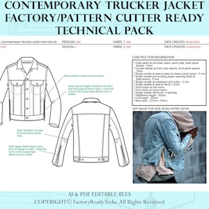 Może przedstawiać: Rysunek techniczny współczesnej kurtki trucker z zamkiem błyskawicznym po bokach. Rysunek przedstawia widok z przodu i z tyłu kurtki, z detalami kieszeni, szwów i zamka błyskawicznego. Rysunek zawiera również zdjęcie referencyjne osoby noszącej kurtkę.