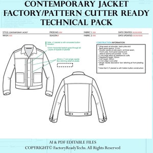 May include: Line drawing technical illustration of a contemporary jacket with a front and back view. The illustration includes construction details and measurements. The text "CONTEMPORARY JACKET FACTORY/PATTERN CUTTER READY TECHNICAL PACK" is at the top of the image.