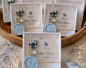 Bomboniera personalizzata per baby shower, calamita a forma di piedini di neonato con scatola, ricordo personalizzato per gli ospiti del baby shower.