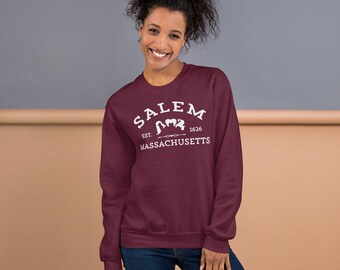 Hocus Pocus Salem Massachusetts Unisex Crewneck Sweatshirt – Witch Silhouette Salem 1626 – Cozy Halloween Fall Sweatshirt