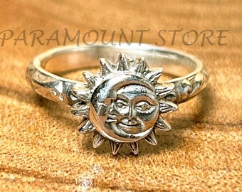 Silberner Sonnen- und Mondring, massiver 925er Sterlingsilberring, handgefertigt, himmlischer Boho-Ring, Statement-Ring, trendiges, personalisiertes Geschenk für Sie/Ihn