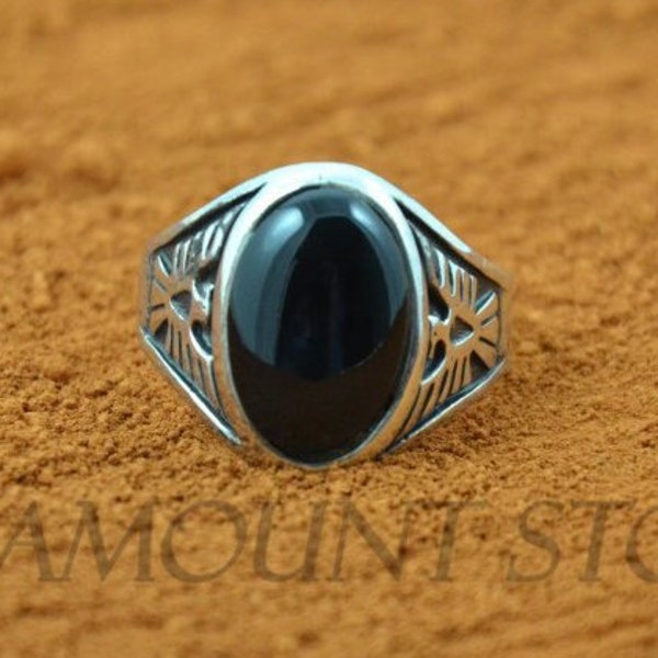 Men's Black Onyx Ring, 925 Sterling Silver Ring, Oval Gemstone Ring, Eagle Ring, Onyx signet Ring, Thunderbird Ring/Unique Ring/Gift For Him