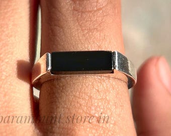 Black Onyx Signet Ring: Sterling Silver Rectangle Bar, Handmade