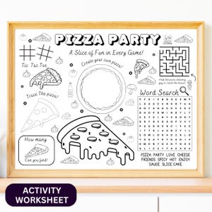 Hoja de actividades para mantel individual para fiesta de pizza para niños - Página para colorear de pizza imprimible - Divertido recuerdo de fiesta con temática de pizza - Tapete de actividades de restaurante para niños