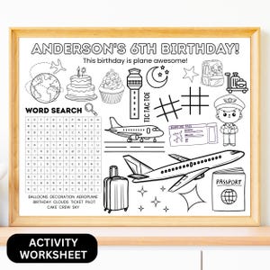 Aktivitäten Bogen Flugzeug-Geburtstagsparty | Flugzeug Party Färbung Tischset | Pilot-Thema-Gastgeschenk | Personalisierte Kinderreiseaktivität