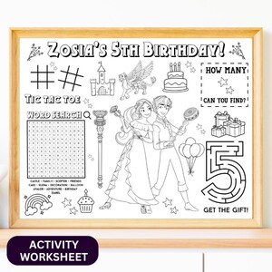 Princesses Party Activity Sheet, Party Placemat, Adventure Birthday Party Activity Coloring Sheet, Kids Activity, Royal Birthday party favor