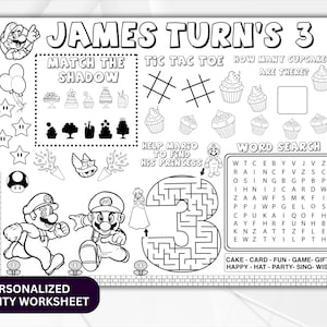 Gaming Brothers Party Activity Sheet, Custom Party Placemat, Video Game Themed Birthday, Kids Activity Sheet, Princess Coloring Page