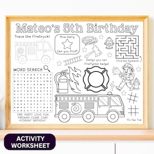 Firetruck Birthday Party Activity Sheet: Personalized Fireman Coloring Placemat (Digital Download)