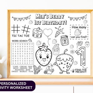 Strawberry Birthday Party Activity Sheet | Strawberry theme Party Favor | Fruits Party | Kids Activity Sheet | Personalized Party Placemat