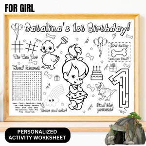 Party Favor Caveman Activity Sheet, Stone Age Party Placemat, Pebbles and Bam Bam Inspired Kids Activity, Custom Birthday Coloring Page