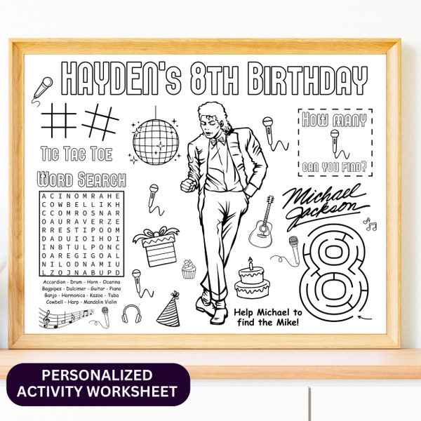 Michael Jackson Birthday Party Activity Sheet | Party Favor | Michael Jackson Art | Kids Activity Sheet, Coloring sheet kids party