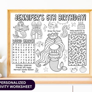 Hoja de actividades para fiesta de cumpleaños de sirena, mantel para colorear bajo el mar, recuerdo de fiesta de sirena para niños - Juegos de sirenas imprimibles