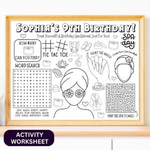 Feuille d&#39;activités pour une fête au spa | Cadeau d&#39;anniversaire pour vous dorloter | Fête d&#39;anniversaire de filles | Activité pour enfants | de jeu à colorier | Placemant de spa
