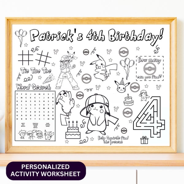 Party Activity Sheet | Party Favor | Coloring Sheet | Personalizable with number and fonts, Party Activity Sheet, Birthday Coloring Placemat