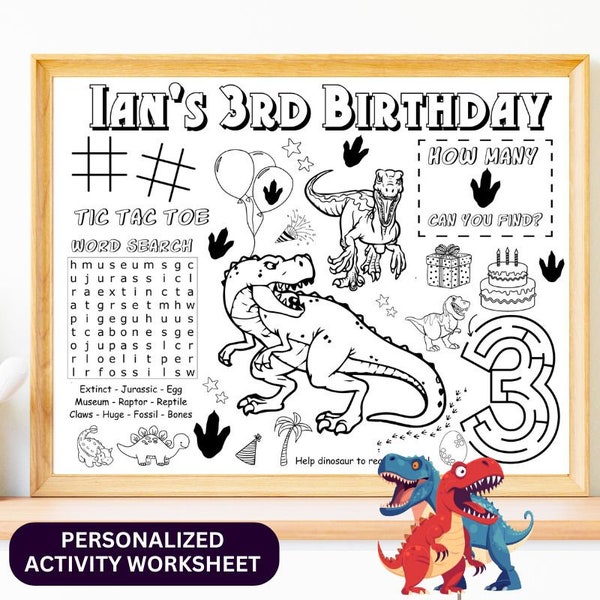 Jurassic Dinosaur Birthday Activity Sheet | Trex Dinosaur Theme Party Favor | Dinosaur Coloring Sheet | Kids Activity Sheet | Personalized