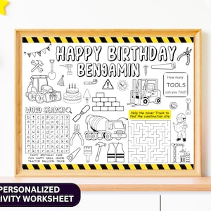 Construction Birthday Party Activity Sheet - Personalized Construction Coloring Placemat - Custom Builder Party Favor - Construction Games