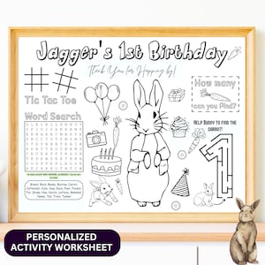 Foglio di attività per festa di compleanno di coniglio classico / Bomboniera di coniglio / Foglio di attività per bambini Peter / Tovaglietta per festa personalizzata, Foglio da colorare