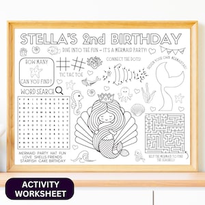 Mermaid Birthday Activity Sheet, Under the Sea Party Game, Printable Mermaid Coloring Page, Kids Party Placemat, Ocean Theme Fun