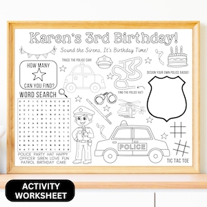 Personalized Police Birthday Activity Sheet: Kids Coloring Page , Party placemat (Digital Download)