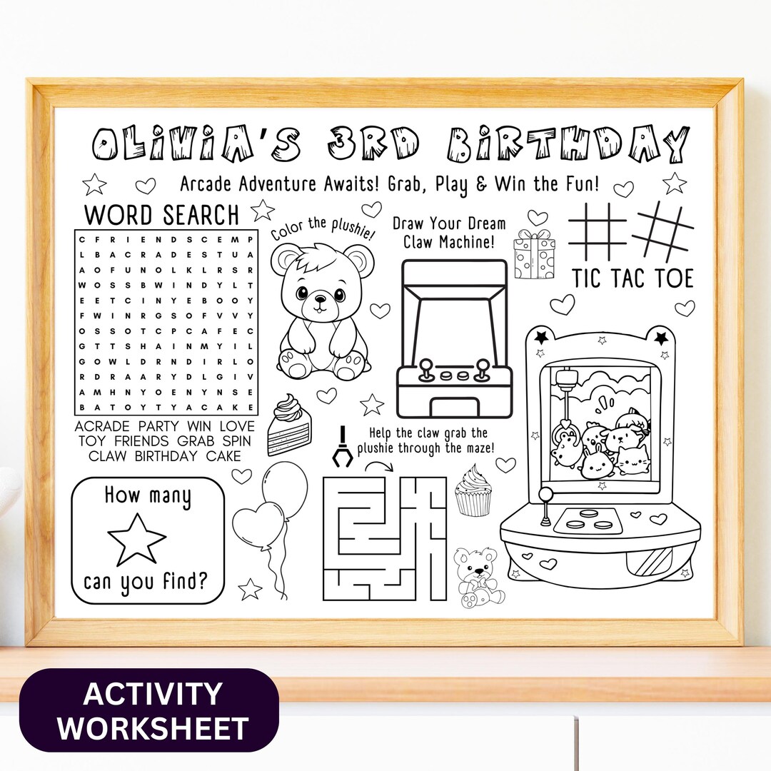 Arcade Party Activity Sheet, Claw Machine Plush Coloring Page, Kids ...