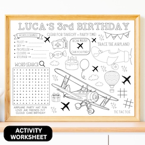 Airplane Birthday Activity Sheet, Printable Kids&#39; Travel Placemat, Coloring sheet (Digital Download