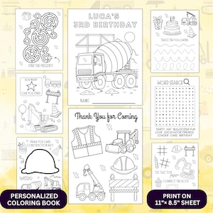 Construction Birthday Favor – Custom Coloring Book for Kids | 8 Printable Pages with Name and Age | Diggers, Trucks & Cranes, Coloring pages