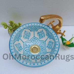 Sky Blue Moroccan Sink Washbasin Blue & white basin sink - Handmade Ceramic Sink - Vanity Sink - Countertop Basin