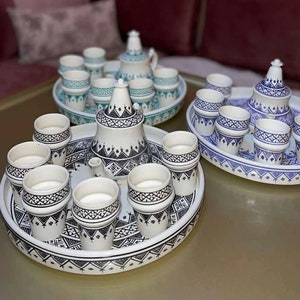 Moroccan Tea Set 6 cups Handpainted ceramic Glasses and dish from Moroccan handmade hands. FAST shipping.