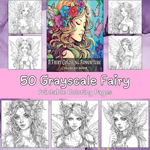 50 Fairy Coloring Pages - Fairy Coloring Book for Adults, Fairy Portraits, Grayscale Coloring Book, Instant Download, Printable PDF File