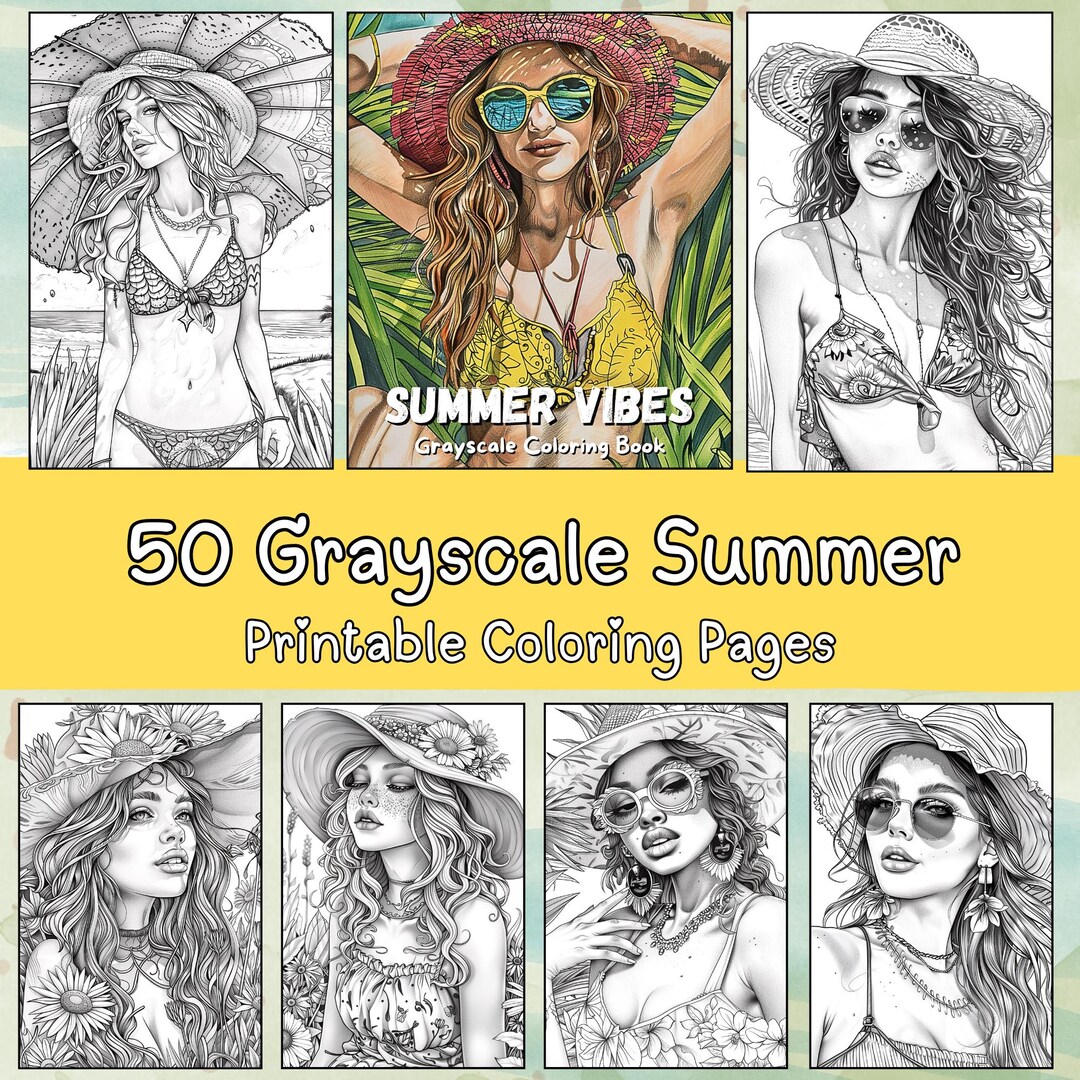 Summer Coloring Pages - 50 Summer Vibes Coloring Pages for Adults, Grayscale Coloring Book ...