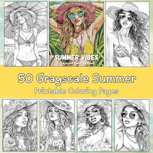 Summer Coloring Pages - 50 Summer Vibes Coloring Pages for Adults, Grayscale Coloring Book, Beach, Flowers, Tropical, Instant Download PDF