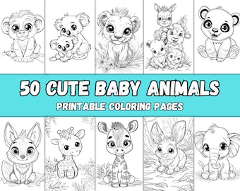 50 Cute Baby Animals Coloring Pages for Kids - Cute Animals Printable Easy Coloring Pages for Kids and Toddlers, Instant Download, PDF File