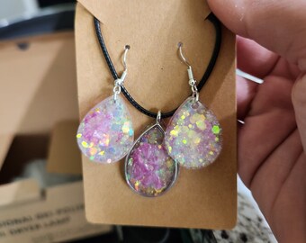 Pink Glitter Floral Resin Earring and Neckles