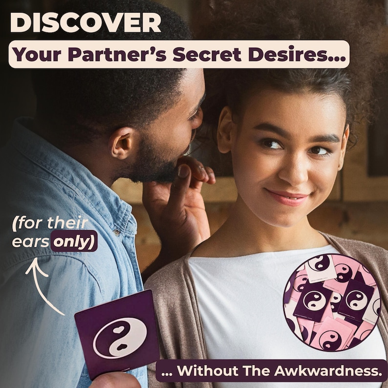 A man whispering into his female partner’s ear while holding a purple-backed conversation card from the Our Guilty Pleasures couples card game. The image headline reads: "Discover your partner's secret desires... without the awkwardness".