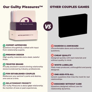Comparison graphic showing Our Guilty Pleasures conversation card game box next to generic couples cards, highlighting expert-approved questions, premium design, and relationship-focused prompts versus alternatives.