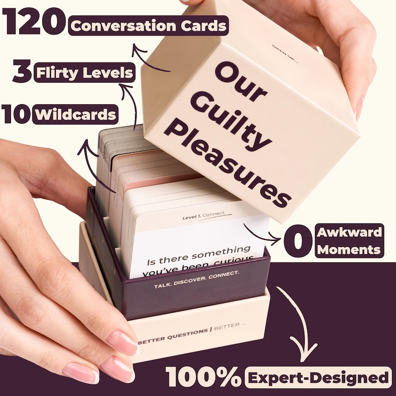Hands lifting the lid off the beige Our Guilty Pleasures box with purple lettering to reveal multiple stacks of conversation cards inside, showing light pink, beige, and dark purple card backs. The image highlights: 120 conversation cards, 3 flirty levels, 10 wildcards, 0 awkward moments, 100% expert-designed.