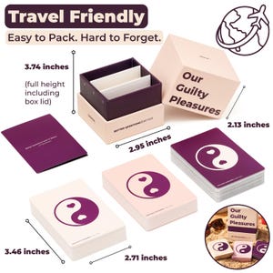 Flat lay image showing the Our Guilty Pleasures couples card game box, three card stacks in beige, pink and dark purple, and instruction booklet with measurements displayed, highlighting the compact size of couples card game. The cards measure 3.46 inches by 2.71 inches. The box measures 2.95 inches x 2.95 inches x 3.74 inches. The image is titled "Travel Friendly: Easy to Pack. Hard to Forget".