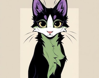 groen-paarse kattenharige adoptie, adopteerbaar fursuit-personage, kunstprint, digitale download, goedkope fursona, Oc-rollenspel, halloweenfantasie