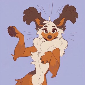 May include: A cartoon dog illustration with brown and white fur, large ears, and a fluffy white chest. The dog is smiling and waving its paw, with lines radiating from its head, set against a light purple background.