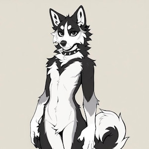 May include: A black and white anthropomorphic husky character with a spiked collar. The character has a furry appearance with detailed shading, standing against a neutral background. The artwork is a digital illustration.