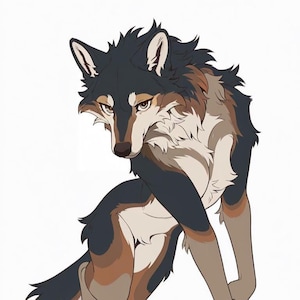 May include: Illustration of a wolf with a dark gray and brown coat, set against a white background. The wolf is depicted in a semi-realistic style, with detailed fur and expressive eyes. The color palette includes shades of gray, brown, and cream.