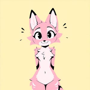 Puede incluir: Ilustración de dibujos animados de un personaje rosa con forma de zorro con detalles negros en las orejas y las patas. El personaje tiene ojos grandes y expresivos y una expresión sonriente. El fondo es de color amarillo claro liso.