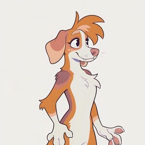 Puede incluir: Ilustración de dibujos animados de un personaje canino con una combinación de colores marrón claro y blanco. El personaje tiene una expresión sonriente, con nariz y orejas rosas. El perro está de pie con los brazos cruzados.