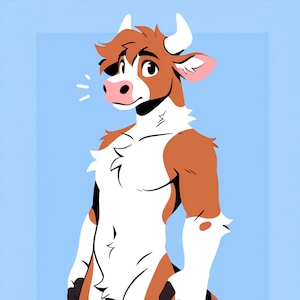 May include: Illustration of a cartoon cow character with brown and white fur, white horns, and a pink nose and ears. The character is set against a light blue background.