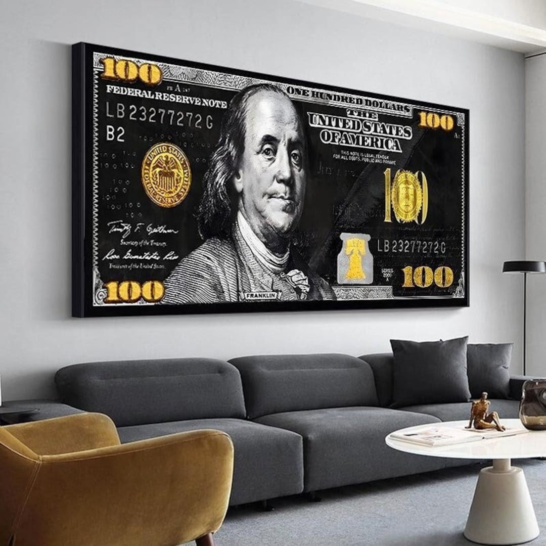Black White Gold 100 Dollar Bill Canvas Art Print Poster Money Etsy