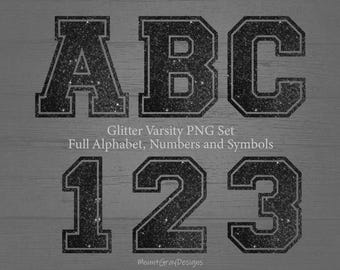 Faux Glitter Letters PNG, Black Varsity Letters, Collegiate Font, Sports Sublimation, Bling Letter Alphabet PNG, Outline Letter Patches PNG