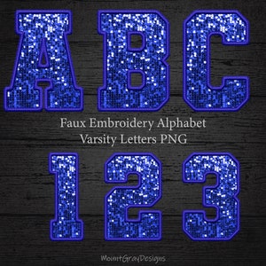 May include: Blue glitter varsity letters and numbers with a white outline. The letters are A, B, C and the numbers are 1, 2, 3. The letters and numbers are on a dark wood background. Faux Embroidery Alphabet Varsity Letters PNG.