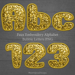Pacote de alfabeto PNG de letras bordadas falsas, letra brilhante de lantejoulas douradas, patch falso PNG, alfa costurado falso PNG, design de letras de sublimação