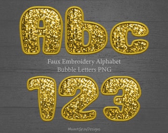 Faux Embroidery Letters PNG Alphabet Bundle, Gold Sequin Glitter Letter, Faux Patch PNG, Faux Stitched Alpha PNG, Sublimation Letter Design